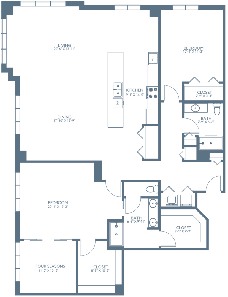 Palm 2 - Barclay 800 Floor Plan, 2 bedrooms, 2 bathrooms
